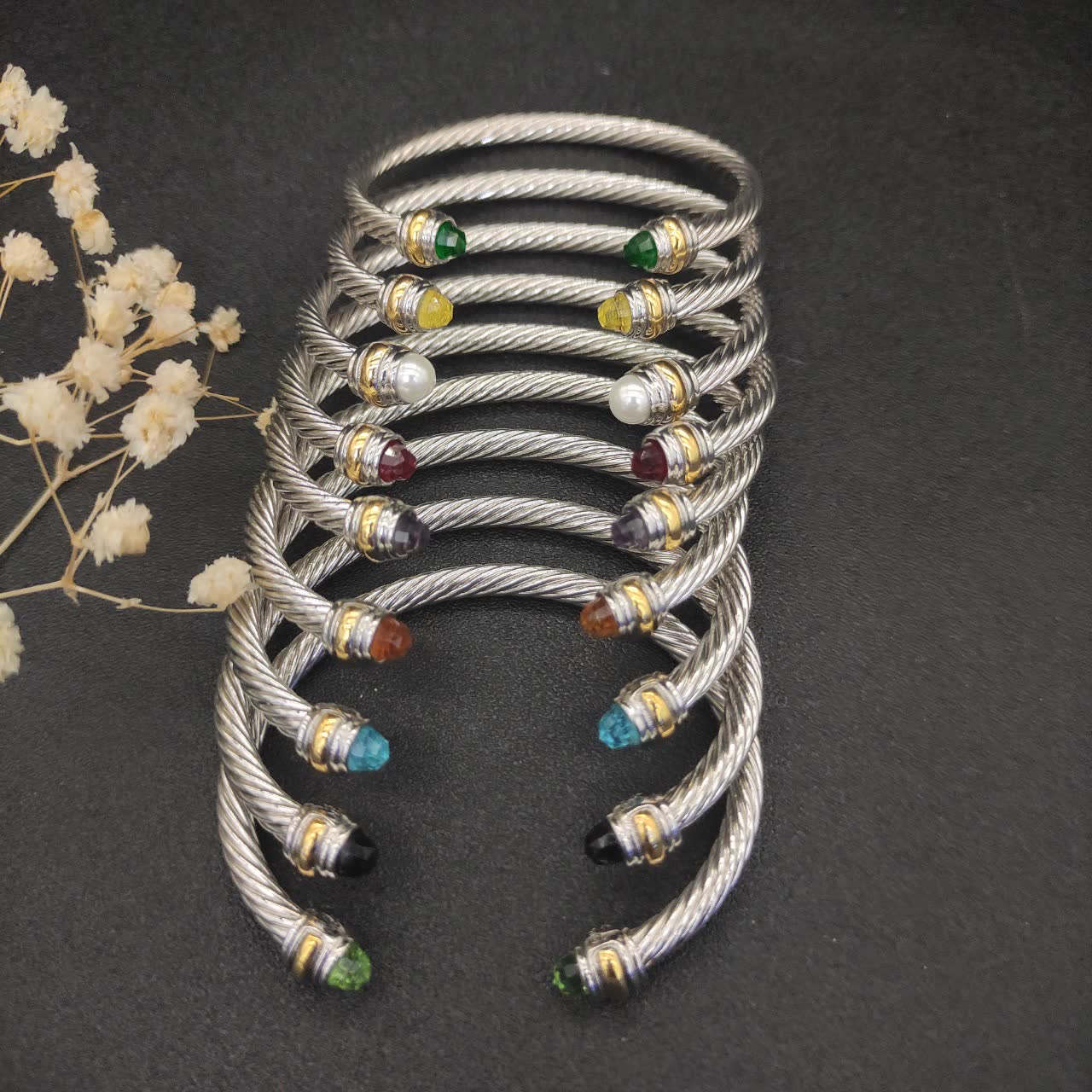 David Yurman Silver Cable Wire Bangle with Emerald Beads